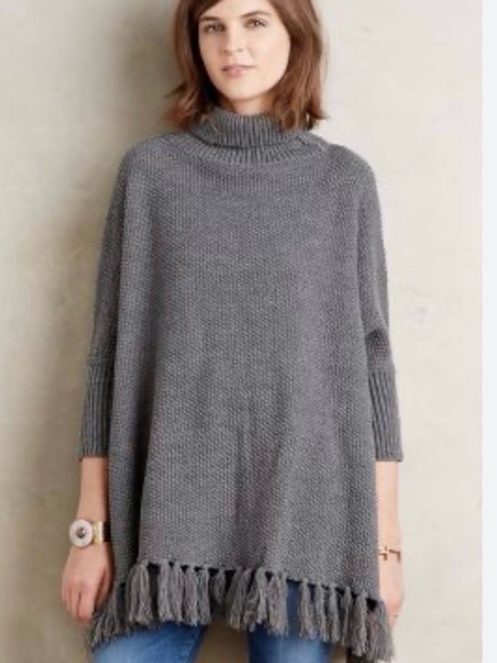 Anthropologie Turtleneck Fringe Poncho Sweater- one size